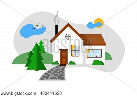 White Family House With A Path In Flat Style