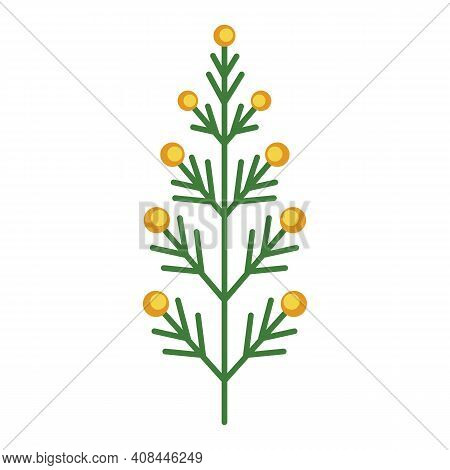 Simple Minimalistic Bright Green Branch With Leaves And Yellow Berries. Flower Collection Of Colorfu