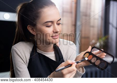Beautiful Woman Applying Make-up. Natural Makeup Touching Afce. Cosmetic Concept. Making Vlog Doing 