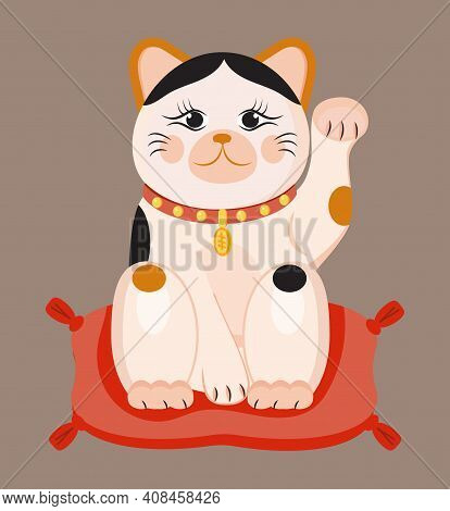 Maneki Neko Vector Isolated On Brown Background. Lucky Cat In Japanese Traditional Culture. Talisman