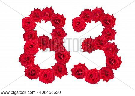 Numeral 83 Made Of Red Roses On A White Isolated Background. Red Roses. Element For Decoration. Eigh
