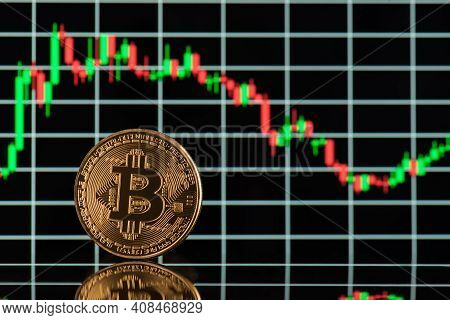 Bitcoin Rate Falling Concept. Close Up Photo Of Golden Shining Bitcoin With Green And Red Candle Gra