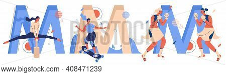Vector Letters M Collection. Women Training Mallakhamb With Wooden Pole, Muay Thai, Mountainboarding