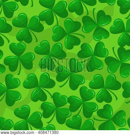 Saint Patrick's Day Pattern With Green Clovers, Shamrock. Irish Leprechaun Shenanigans Lucky Charm. 