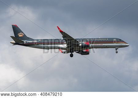 Istanbul, Turkey - March 30, 2019: Royal Jordanian Airlines Embraer 195 Jy-ema Passenger Plane Arriv