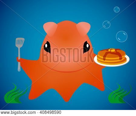 Opisthoteuthis AKA Flapjack Octopus with Pancakes Illustration Isolated on Blue with Clipping Path