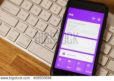 São Paulo Brazil. February 6, 2021: Screen Of The Brazilian Nubank Fintech Application, A Pioneer In