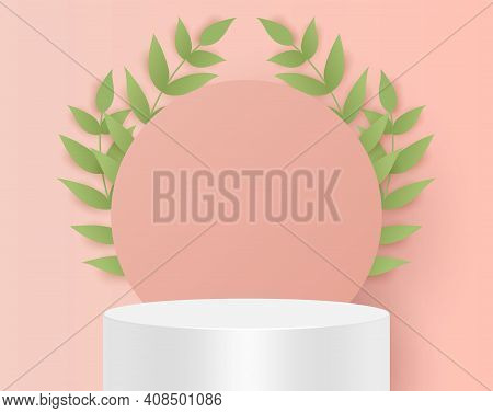 Abstract Minimal Scene With Geometric Forms. Cylinder White Podium In Blue Background With Leaves. P