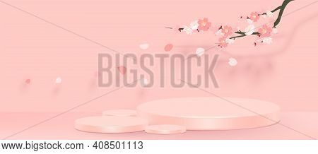 Abstract Minimal Scene With Geometric Forms. Cylinder Podium In Pink Background With Pink Sakura Flo