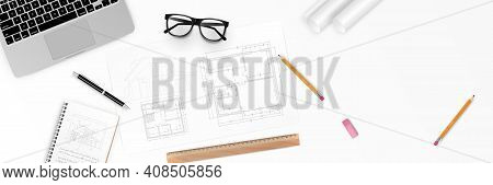 Vector Illustration Workplace Of Architect - Architectural Project, Blueprints, Blueprint Rolls And 
