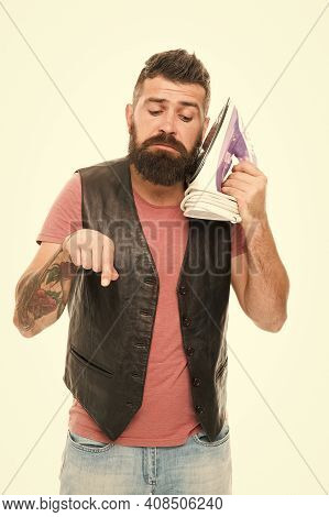 Mobile Call. Mobile Communication. Guy Bearded Hipster Master Of Communications. Calling Phone. Bear