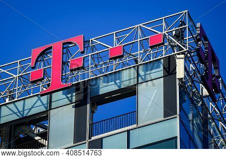 Bucharest, Romania -  January 20, 2021: A Logo Of Telekom, German Telecommunications Company, Is Dis