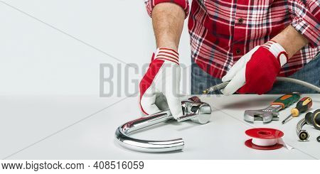 Professional Plumber Banner With Plumber And Tools, Fitting And Water Tap. Faucet Installation With 
