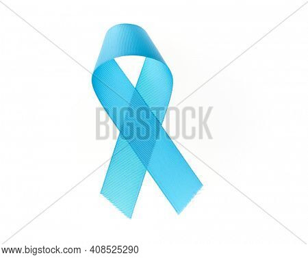 Awareness blue ribbon over isolated white background.