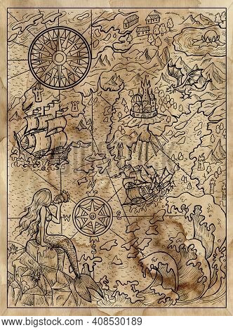 Textured Marine Illustration Of Map With Mermaid, Islans, Continent, Ship, Compass And Sea Monsters.