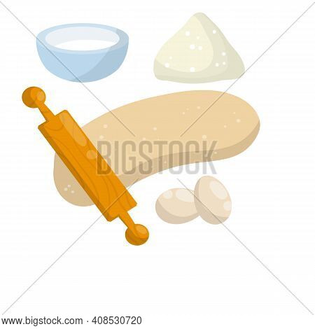 Rolling Pin And Dough. Wooden Appliance For Kitchen And Cooking. Cartoon Flat Illustration. Preparat