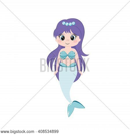 Beautiful Mermaid With Big Eyes And Purple Long Hair. Mermaid Isolated On A White Background. Vector