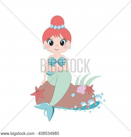A Mermaid With A Beautiful Hairstyle And Jewelry Is Sitting On A Stone On The Beach. Sea Stars, Shel
