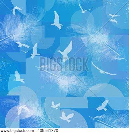 Abstract Light Blue Background With White Flying Birds And Falling Feathers