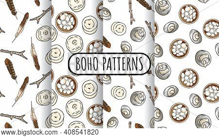 Set Of Bohemian Seamless Border Patterns. Indigenous Bohemian Doodles Background. Hand Drawn Hygge W