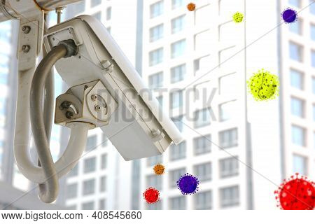 The Cctv Camera With Illustration Of Corona Virus Outbreak In The Air . The New Technology In The Fu