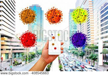 Hand Holding Mobile With Illustration Of Corona Virus . In Outbreak Area Poeple Loading The Virua Ap