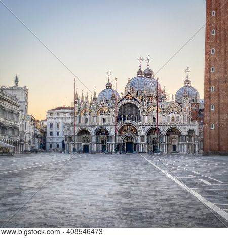 Basilica of Saint Mark and deserted San Marco Square during the crisis COVID-19