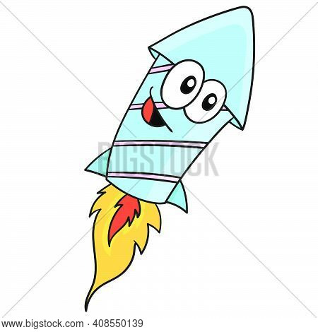 Rocket With Cute Cartoon Face. Doodle Icon Image. Cartoon Caharacter Cute Doodle Draw