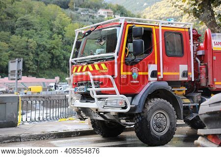Breil-sur-roya, France - October 8, 2020: French Renault Gimaex Red Fire Truck Intervention In Breil