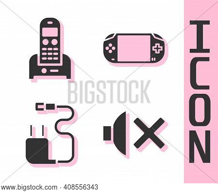 Set Speaker Mute, Telephone, Charger And Portable Video Game Console Icon. Vector