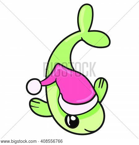 A Fish With A Santa Claus Hat Doodle Icon Image. Cartoon Caharacter Cute Doodle Draw