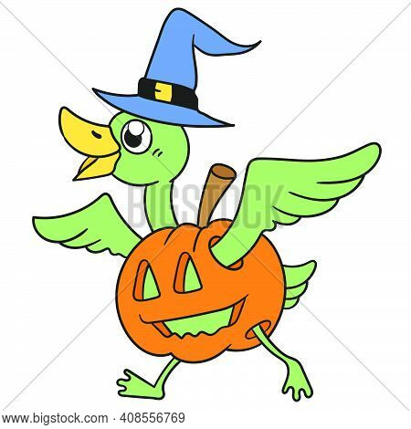 A Bird In A Halloween Pumpkin Costume. Doodle Icon Image. Cartoon Caharacter Cute Doodle Draw