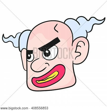 Evil Clown Emoticon Head. Doodle Icon Image. Cartoon Caharacter Cute Doodle Draw