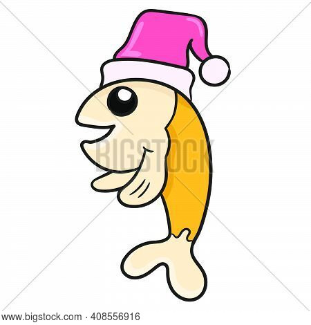 Gold Fish With A Santa Claus Hat. Doodle Icon Image. Cartoon Caharacter Cute Doodle Draw