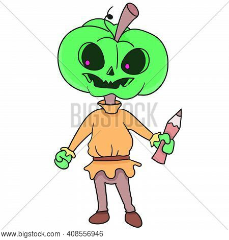 Pumpkin Horror Monster. Doodle Icon Image. Cartoon Caharacter Cute Doodle Draw