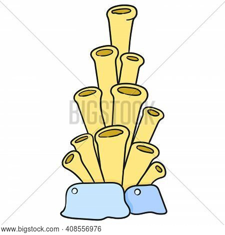 Sea Coral With Yellow Color. Doodle Icon Image. Cartoon Caharacter Cute Doodle Draw