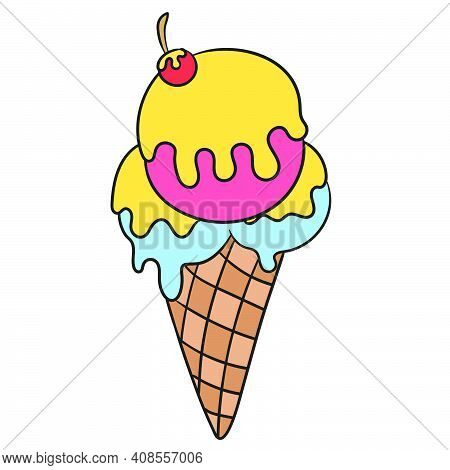 Sweet And Delicious Ice Cream Cone. Doodle Icon Image. Cartoon Caharacter Cute Doodle Draw