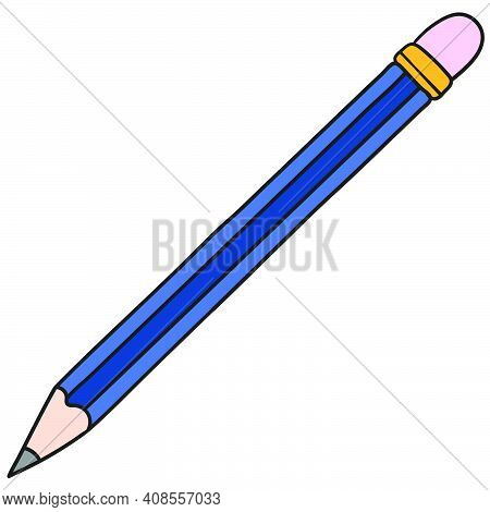 Stationery Wooden Pencil. Doodle Icon Image. Cartoon Caharacter Cute Doodle Draw