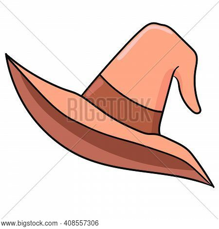 Orange Witch Hat. Doodle Icon Image. Cartoon Caharacter Cute Doodle Draw
