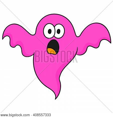 Scary Pink Ghost. Doodle Icon Image. Cartoon Caharacter Cute Doodle Draw
