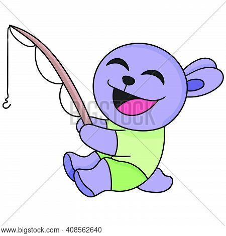The Rabbit Is Happily Fishing. Doodle Icon Image. Cartoon Caharacter Cute Doodle Draw