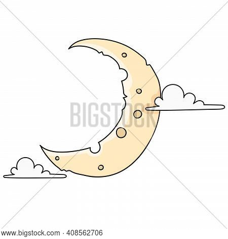 Crescent Moon At Night. Doodle Icon Image. Cartoon Caharacter Cute Doodle Draw