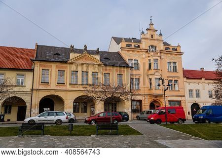 Narrow Medieval Square With Baroque And Renaissance Historical Buildings, Cityscape Of Medieval Town