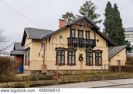 Art Nouveau House Simak's Villa Or Simakova Vila, Narrow Medieval Picturesque Street With Baroque An