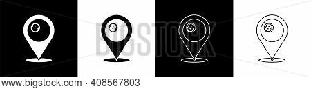 Set Map Pointer With Billiard Pool Snooker Ball With Number 8 Icon Isolated On Black And White Backg