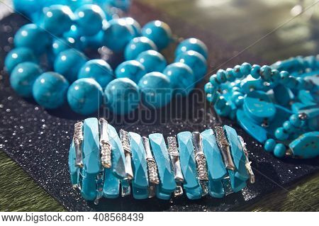 Beautiful Blue Beads. The Concept Of A Beautiful, Elegant Life And Beautiful Decoration For Woman