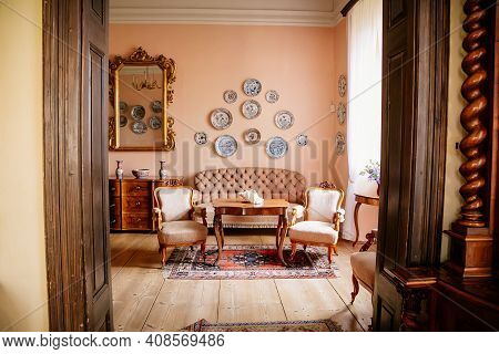 Castle Interior, Baroque And Renaissance Furniture, Pink Salon, Soft Sofa And Armchairs, Carved Wood