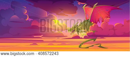 Dragon In Cloudy Sky, Fantastic Character, Magic Creature Flying In Dusk Heaven With Beautiful Purpl