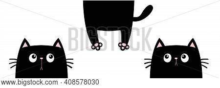 Black Cat Set. Funny Face Head Silhouette Looking Up. Cartoon Baby Character. Cute Cawaii Animal. Ha