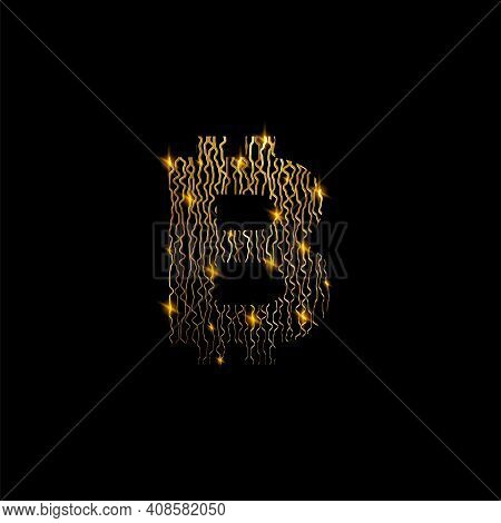 Bitcon Symbol Like Golden Lines Structure On Black Background. Cryptocurrency Sign And Electrical Go